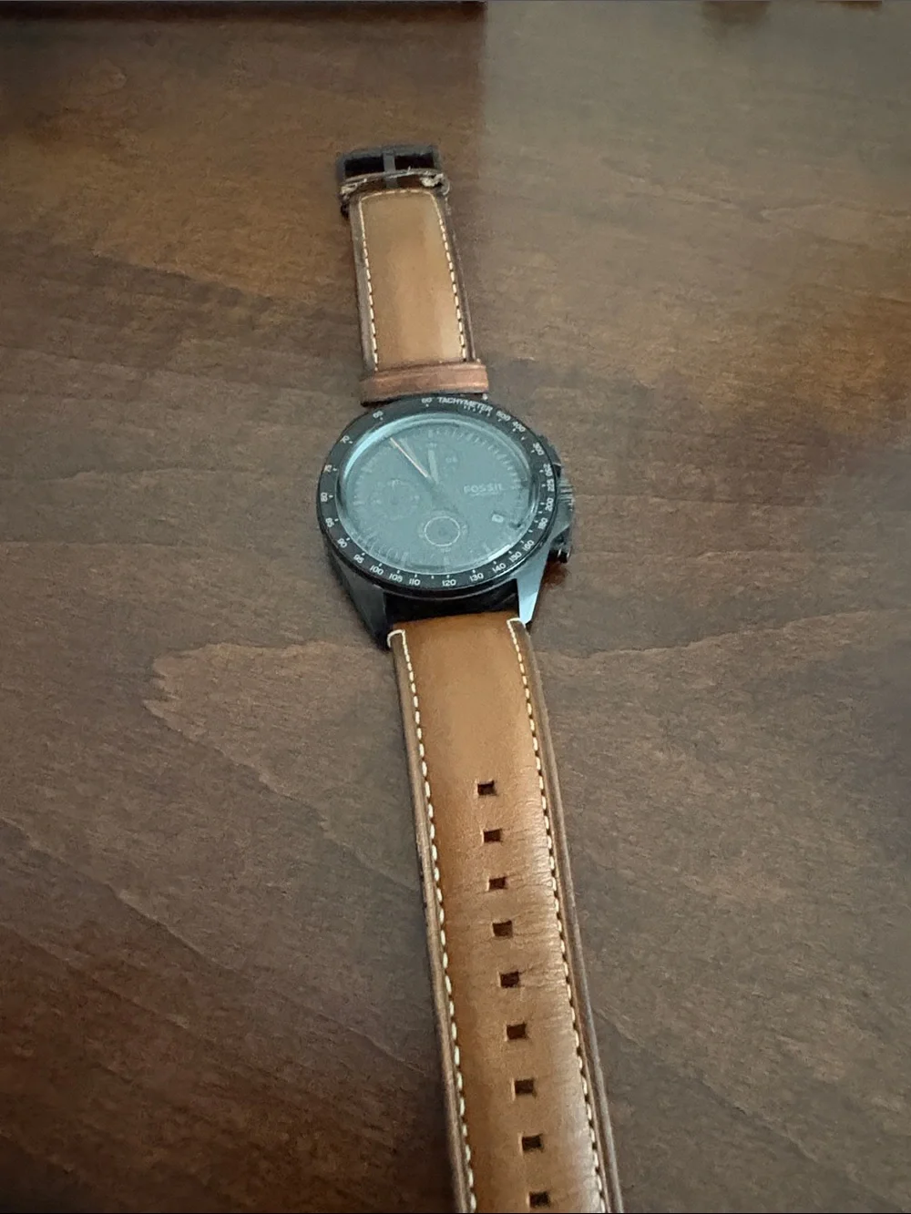 Fossil Men's Black Dial Chronograph Watch with Brown Leather Strap